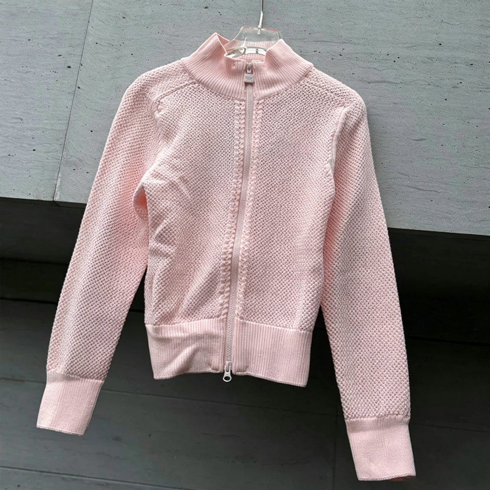 Women's new zipper knitted round neck long sleeve coat