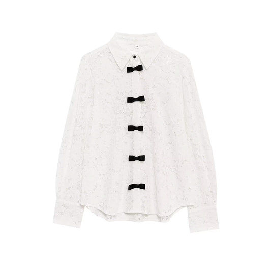 Women's bow decoration casual lapel lace shirt