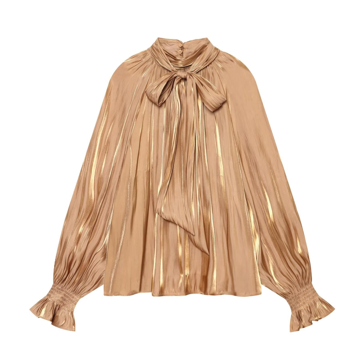 Women's bow decoration stand collar satin textured shirt