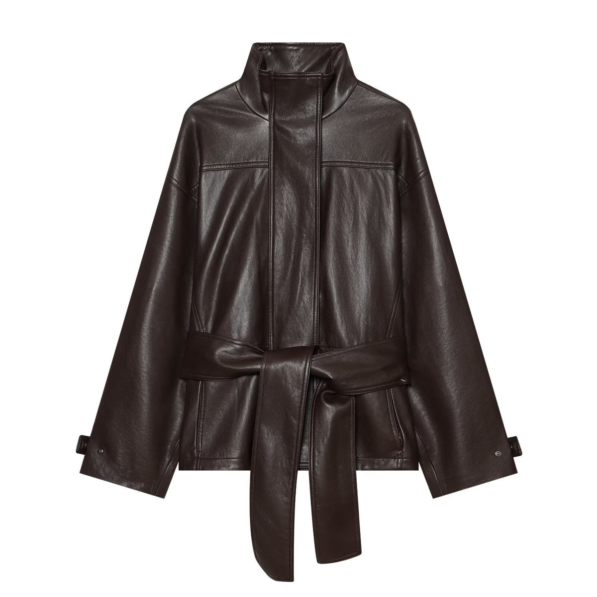Women's with belt standing collar faux leather Coat