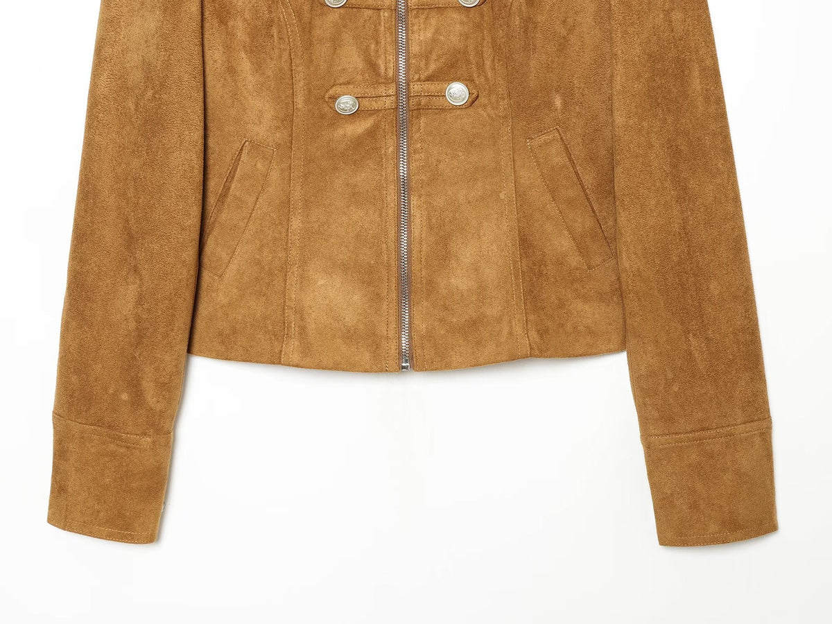 Women's double breasted waist cinched suede jacket