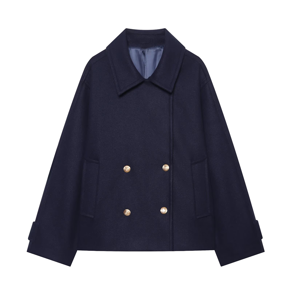 Women's short double breasted woolen blend coat