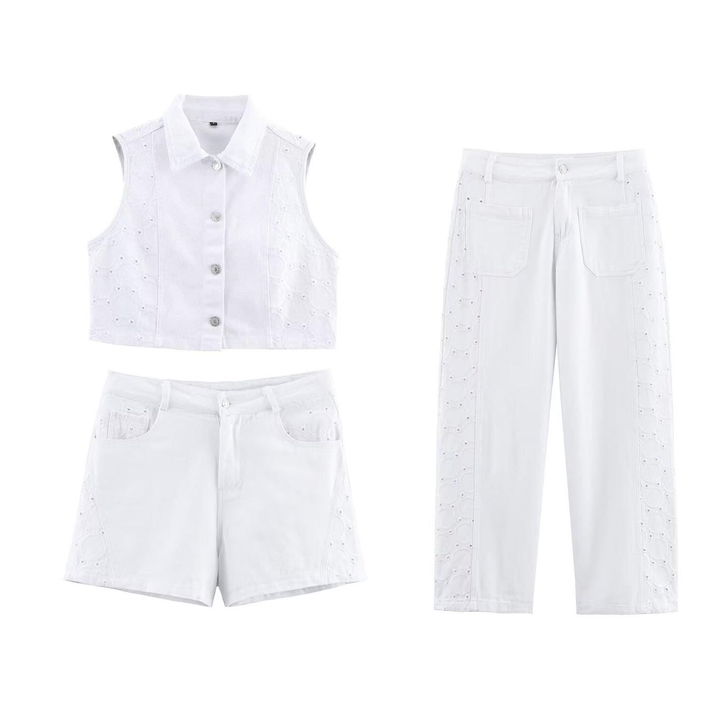 Women's new fashion hollow embroidery short lapel vest+Jeans suit+Shorts suit