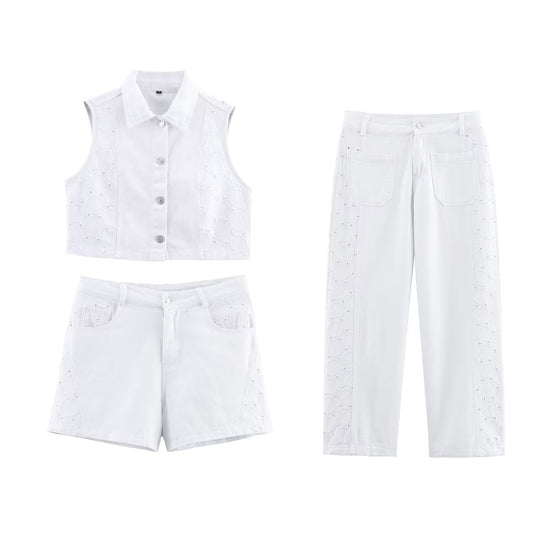 Women's new fashion hollow embroidery short lapel vest+Jeans suit+Shorts suit