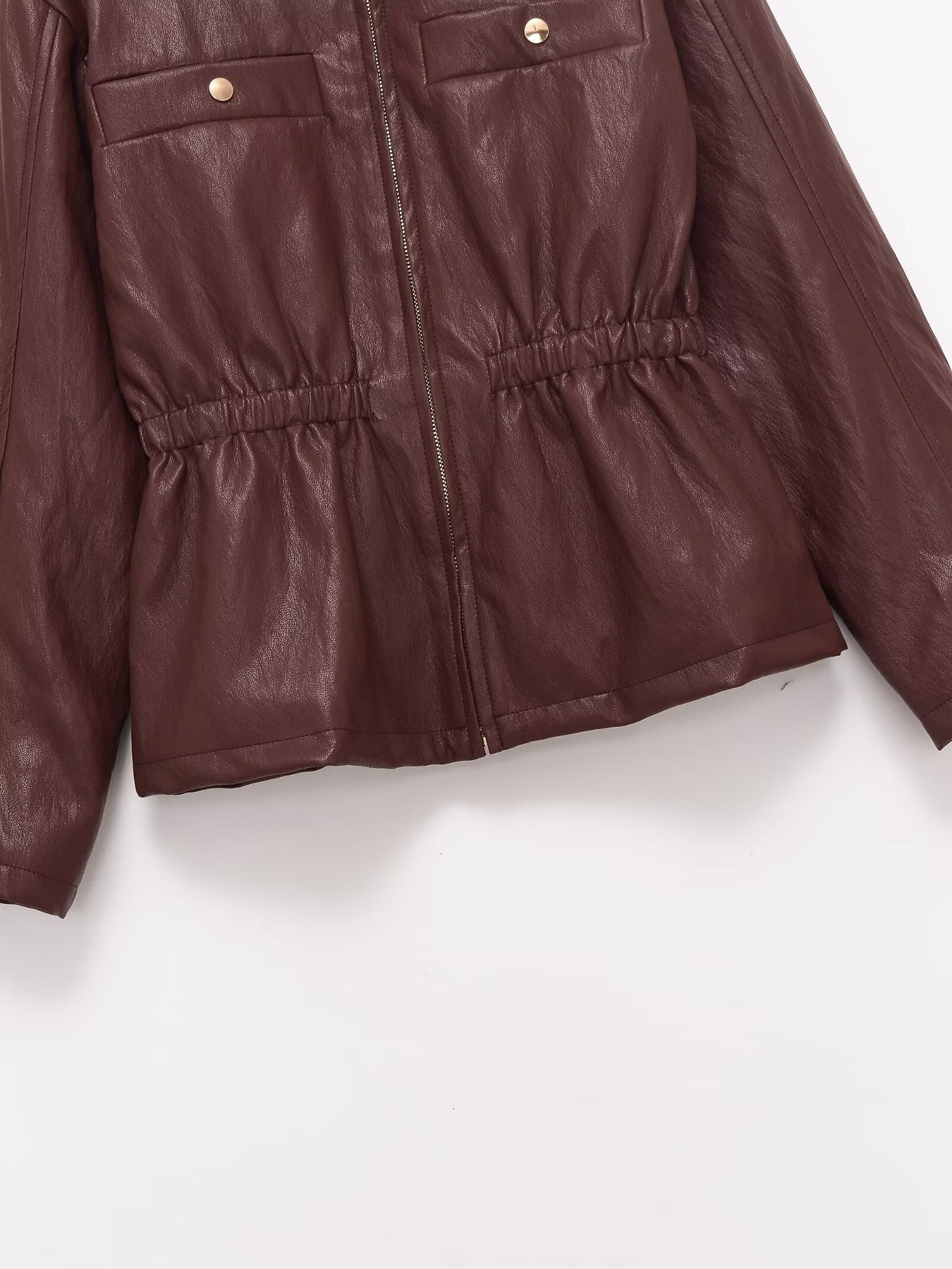 Women's elastic waist lapel Faux Leather jacket Coat