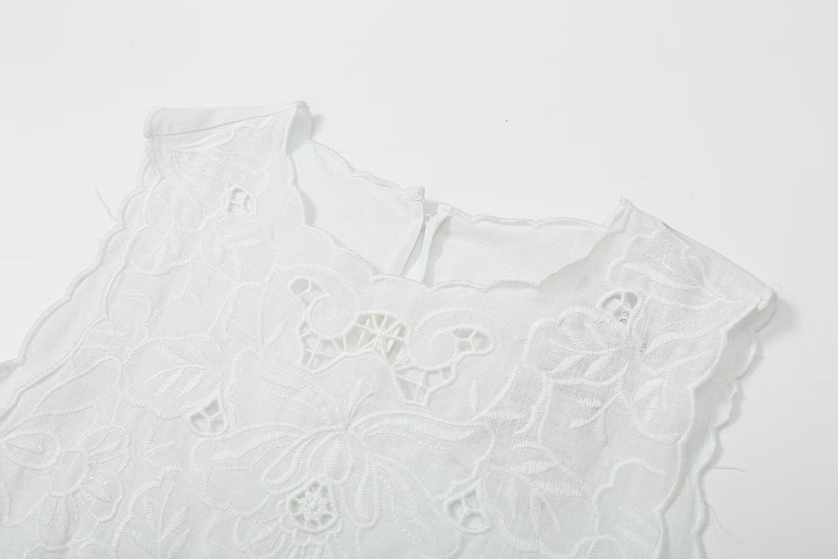 Women's bow decoration hollow embroidery top