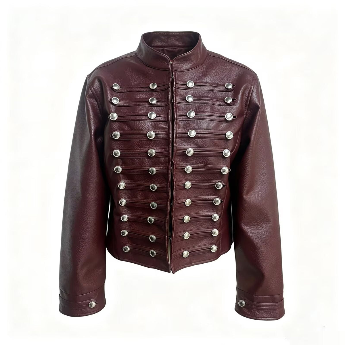 Women's button decoration short Faux Leather jacket Coat