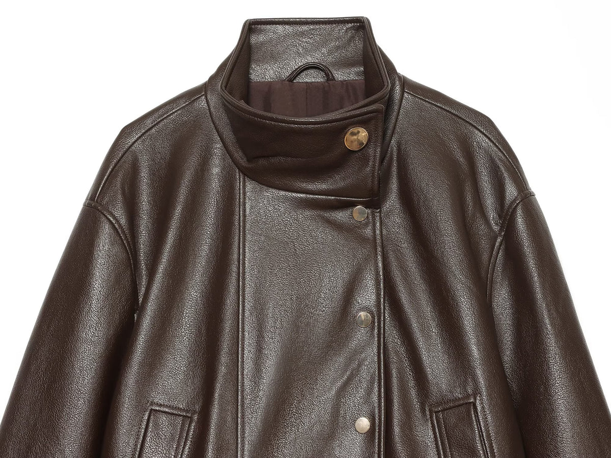 Women's leather effect standing collar pilot jacket Coat