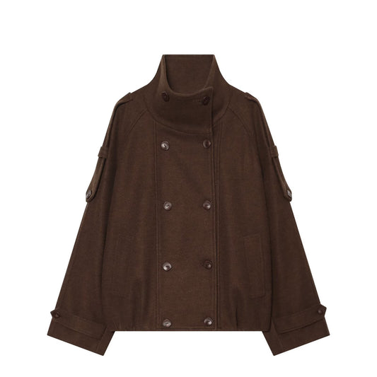 Women's standing collar double breasted woolen Coat