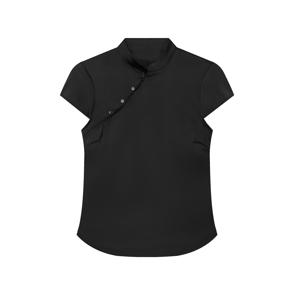 Women's satin textured short button top