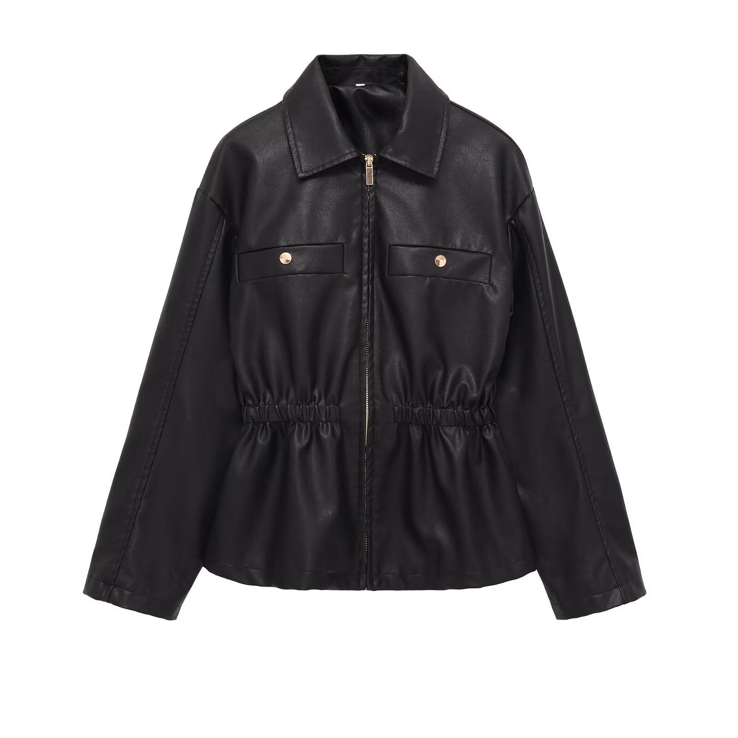 Women's elastic waist lapel Faux Leather jacket Coat