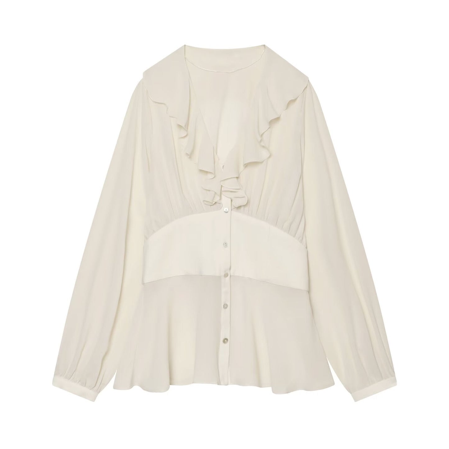 Women's waist cinching layered decorative V-neck shirt