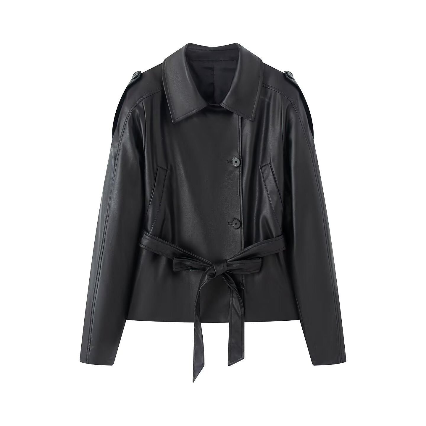 Women's with belt faux leather windbreaker Coat