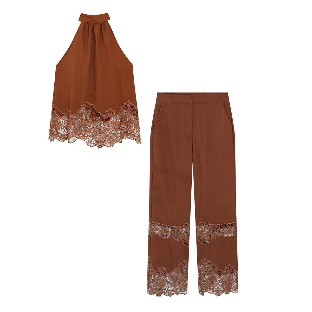suit Women's 2 pieces hollow embroidery hanging neck top+Pants