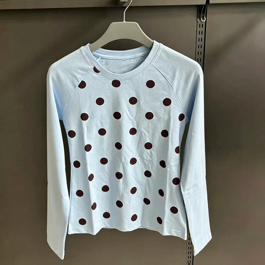 Women's new polka-dot long-sleeved O-neck T-shirt