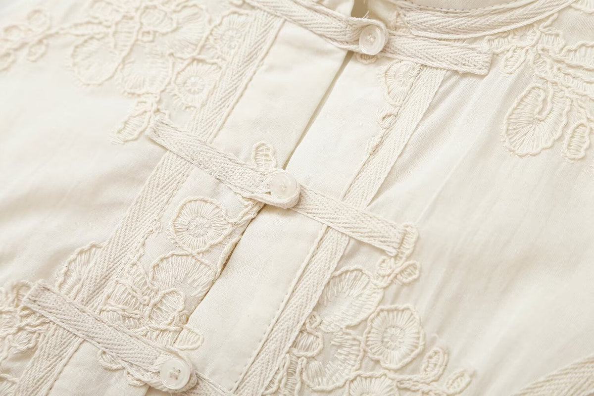 Women's rope knot button pleated embroidered shirt