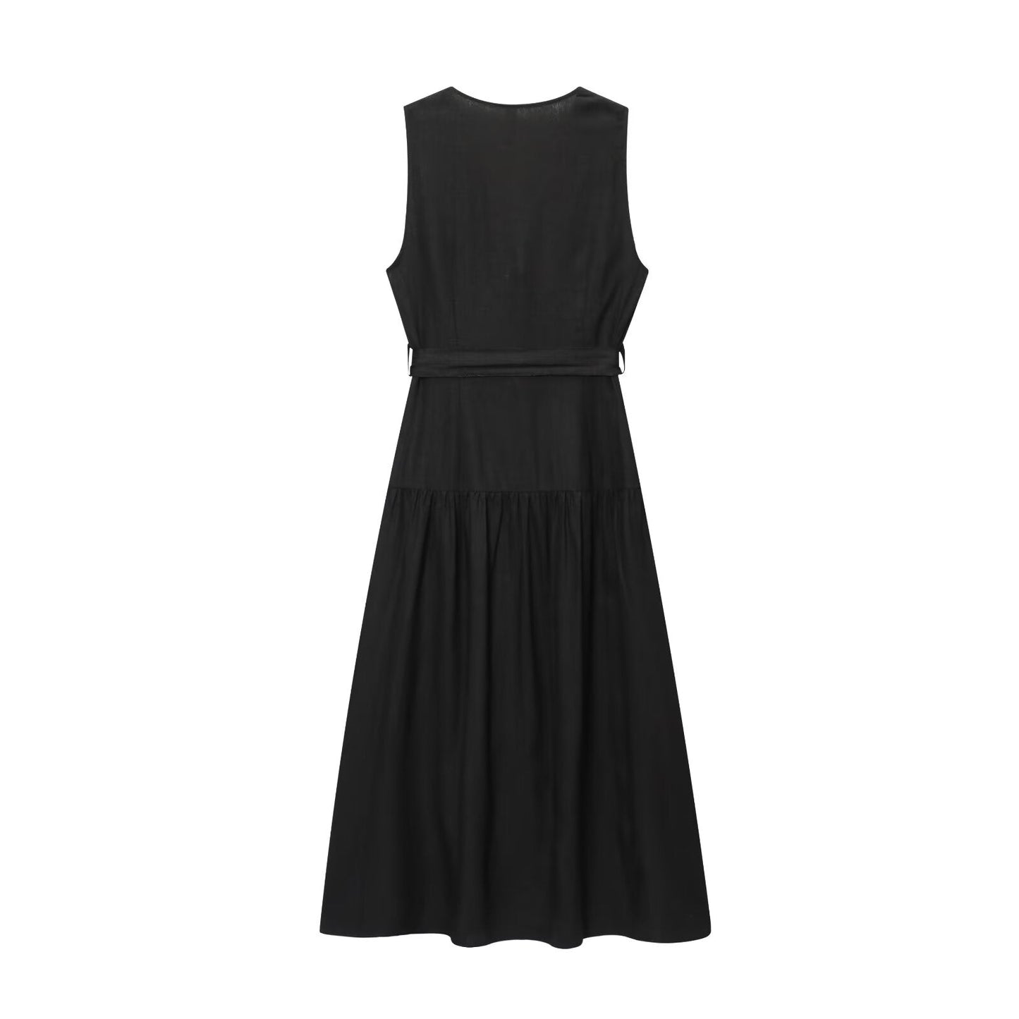 Women's New Fashion With Belt Sleeveless V-neck Linen Blended Midi Dress