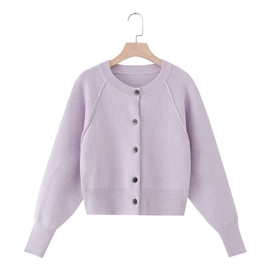 Women's short O Neck long sleeved knitted Coat
