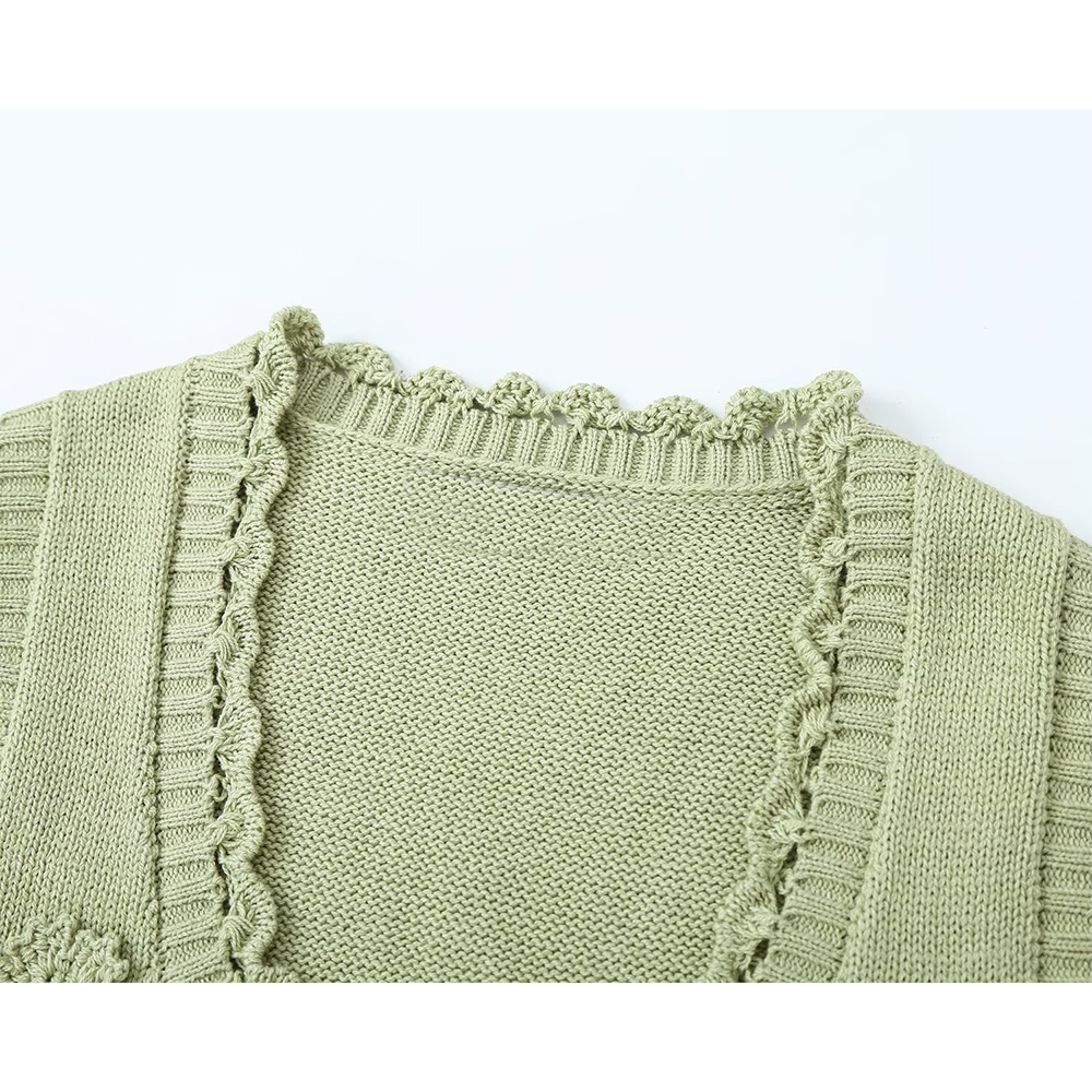 Women's flower decorated U-shaped collar tied knit cardigan
