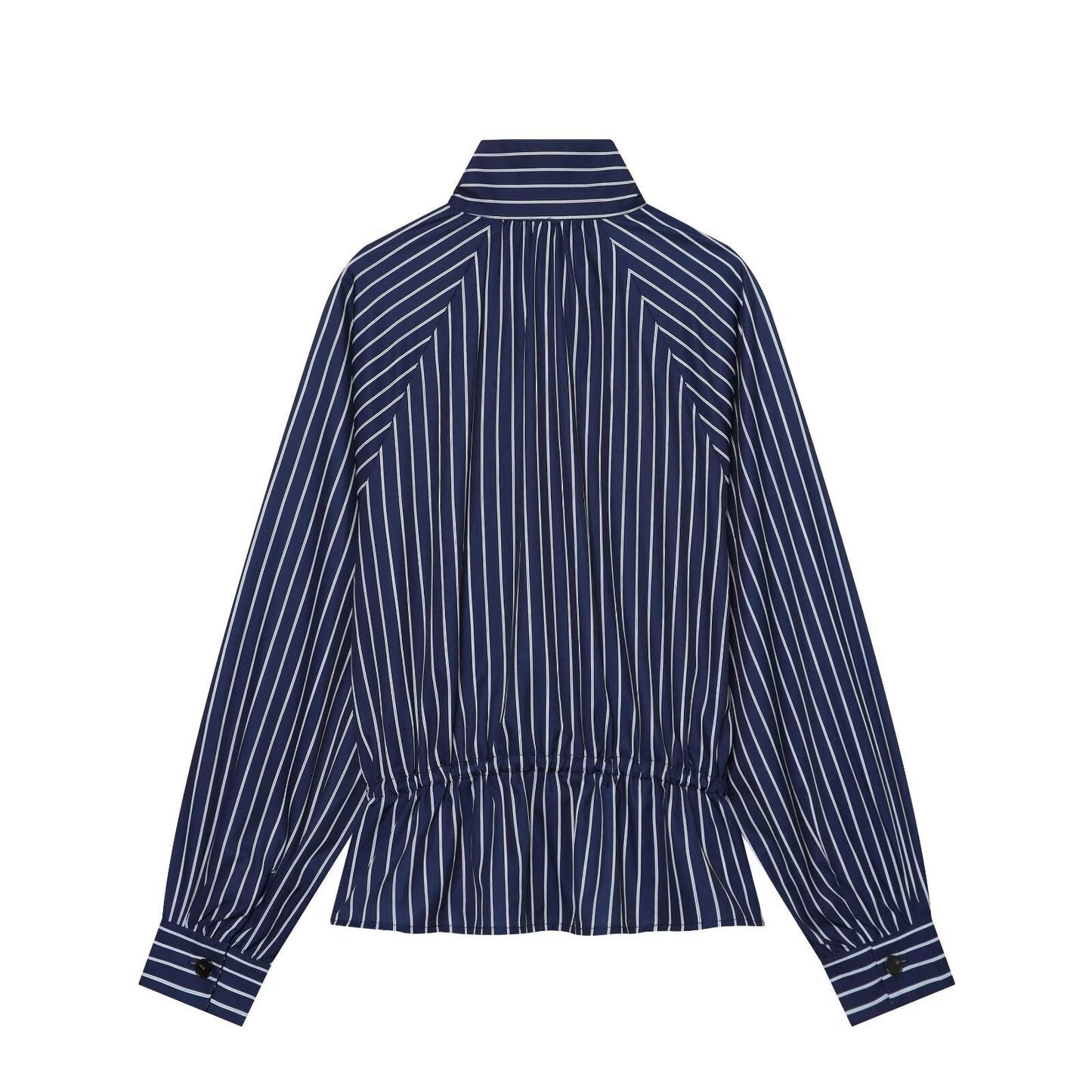 Women's with drawstring striped stand collar shirt