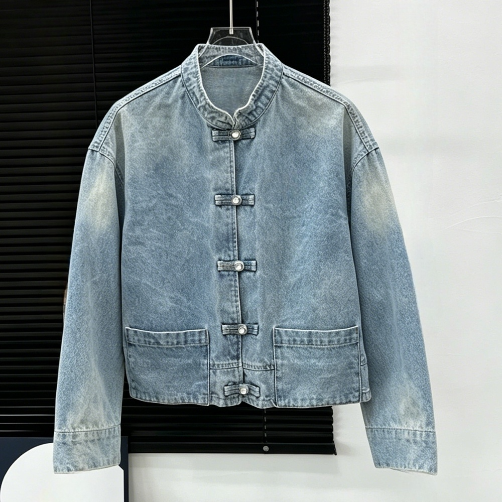 Women's new stand-up collar short cuff stitching design denim jacket
