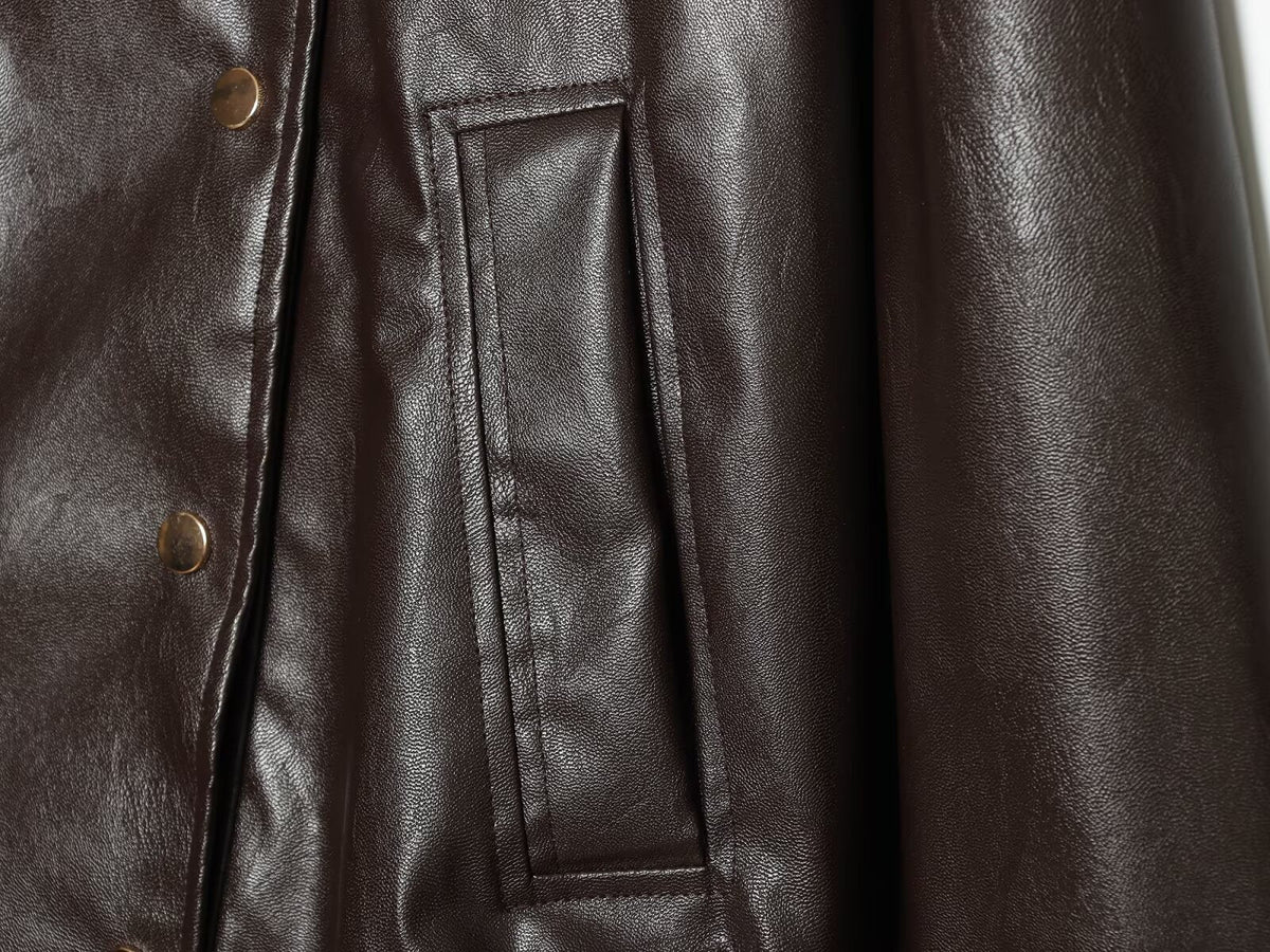 Women's leather effect standing collar pilot jacket Coat