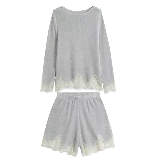 suit Women's 2 pieces lace O Neck long sleeved knitted top+Shorts