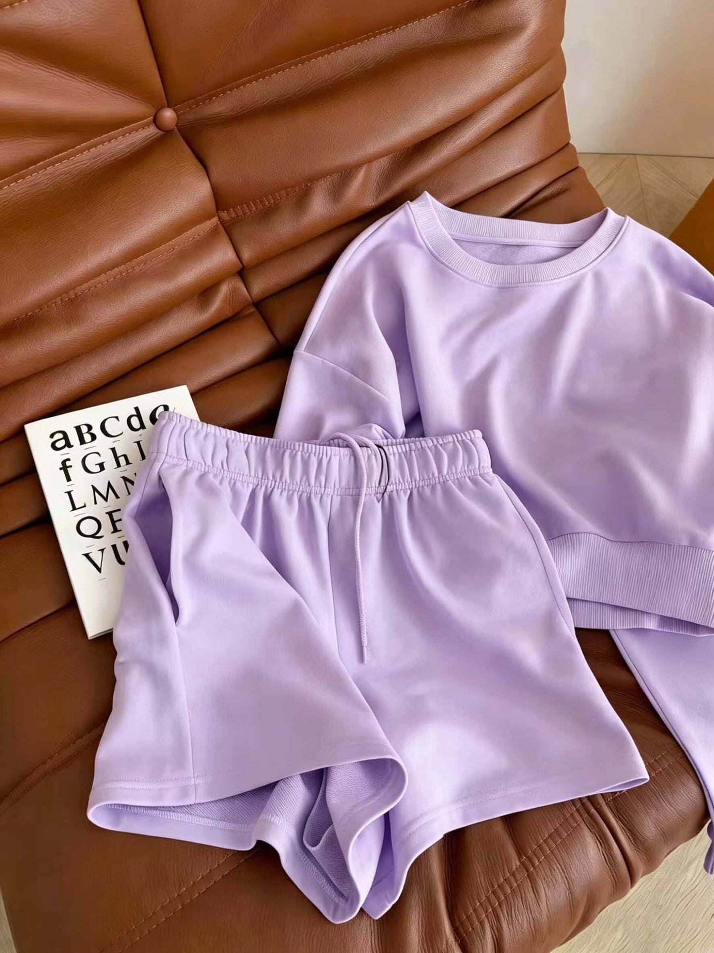 2026 new fashion round neck short sweater+elastic waist shorts sports suit