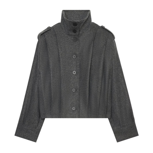 Women's pleated design standing collar woolen coat
