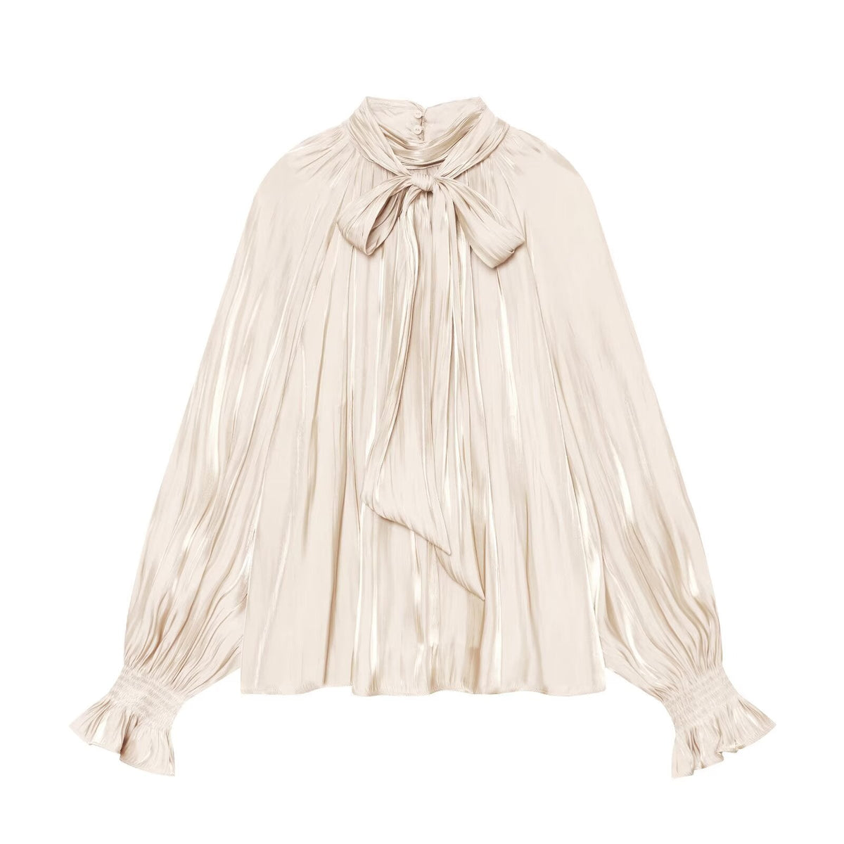 Women's bow decoration stand collar satin textured shirt