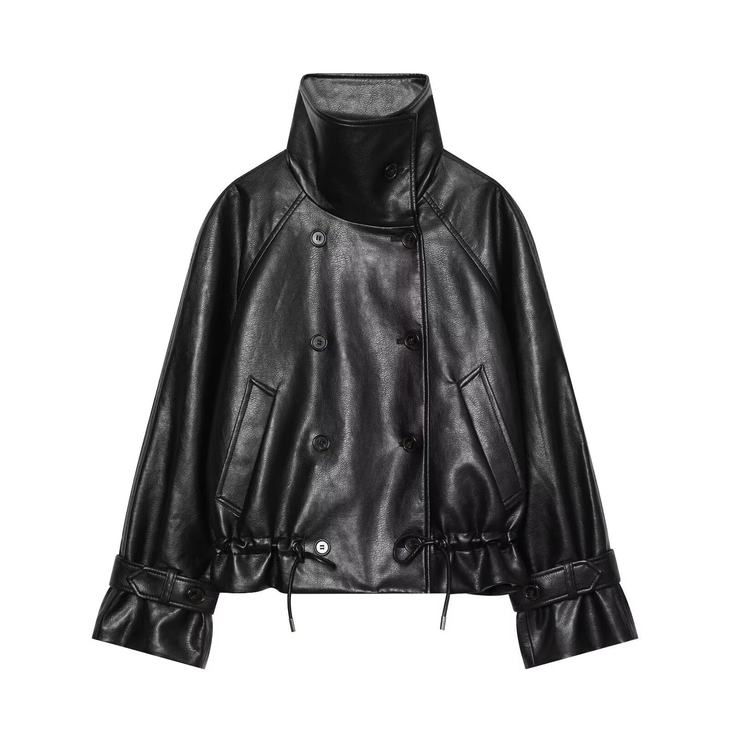 Women's black double breasted Imitation leather jacket